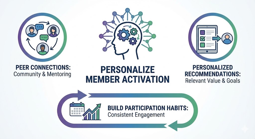 Diagram illustrating member activation through peer connections, mentoring, and personalized value recommendations.
