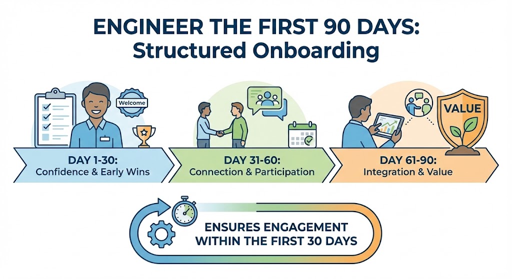 A 90-day association onboarding timeline illustrating the path from confidence to full member integration.